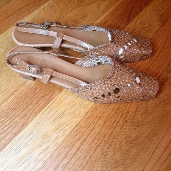 Vintage Sesto Meucci 90's Woven Stacked Heel Sandal  Tan  7.5 Sesto Meucci - Picture 2 of 4